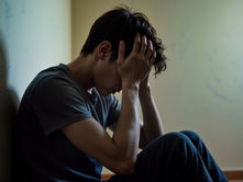 A person sits against a dimly lit wall, head in hands, appearing sad or exhausted. 