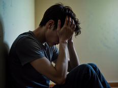 A person sits against a dimly lit wall, head in hands, appearing sad or exhausted.