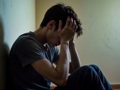 A person sits against a dimly lit wall, head in hands, appearing sad or exhausted.
