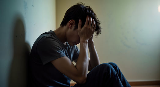 A person sits against a dimly lit wall, head in hands, appearing sad or exhausted. 