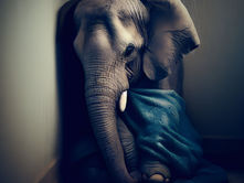 A small elephant sits in a corner wrapped in a blue blanket, 