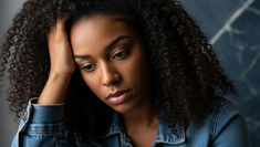 Close-up of a pensive woman with curly hair in a denim jacket, resting her head on her hand against a dark blurred background.