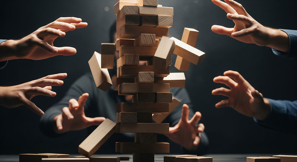 Multiple hands reach toward a collapsing wooden block tower on a dark background, capturing tense, dramatic motion.
