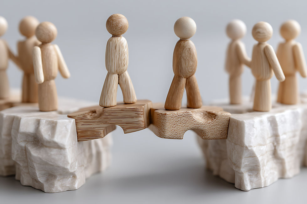 Wooden figures stand on a bridge between two stone blocks, symbolizing connection and trust on a soft gray background.