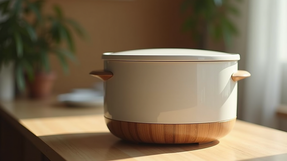 Close-up of sleek, minimalist rice cooker with natural wood accents
