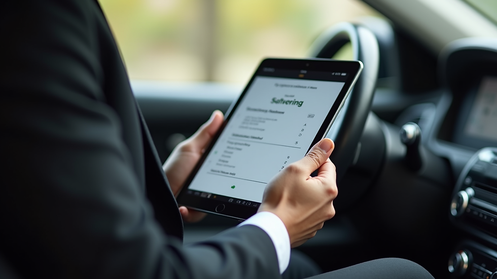 Close-up view of a chauffeur’s hand holding a tablet displaying booking confirmation