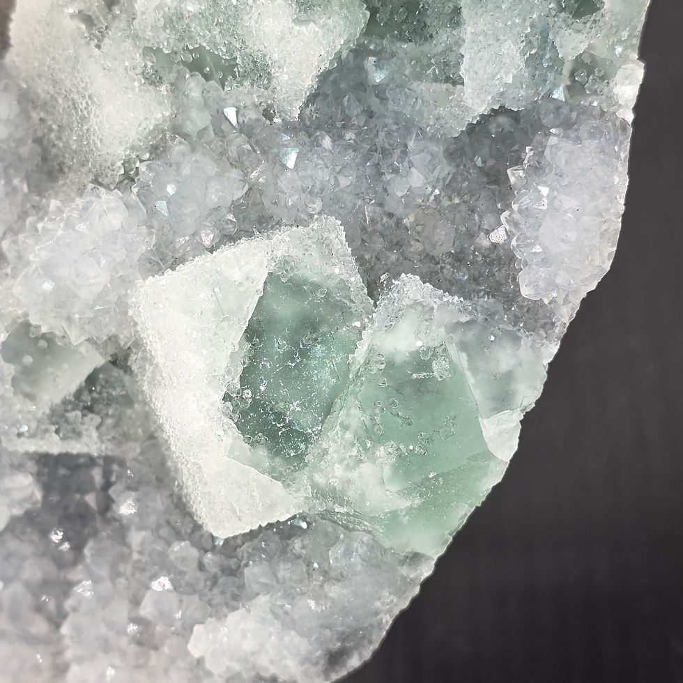 Thumbnail: Sugary Quartz Crystals over Soft Teal Green Fluorite, Druzy Sparkle