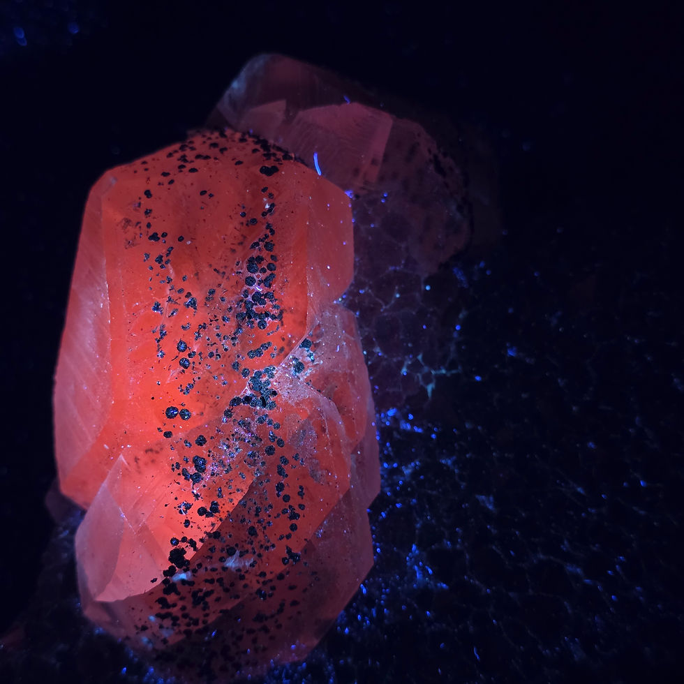 Thumbnail: Amethyst, Goethite and Calcite - Black Sparkle Specimen with Fluorescent Calcite