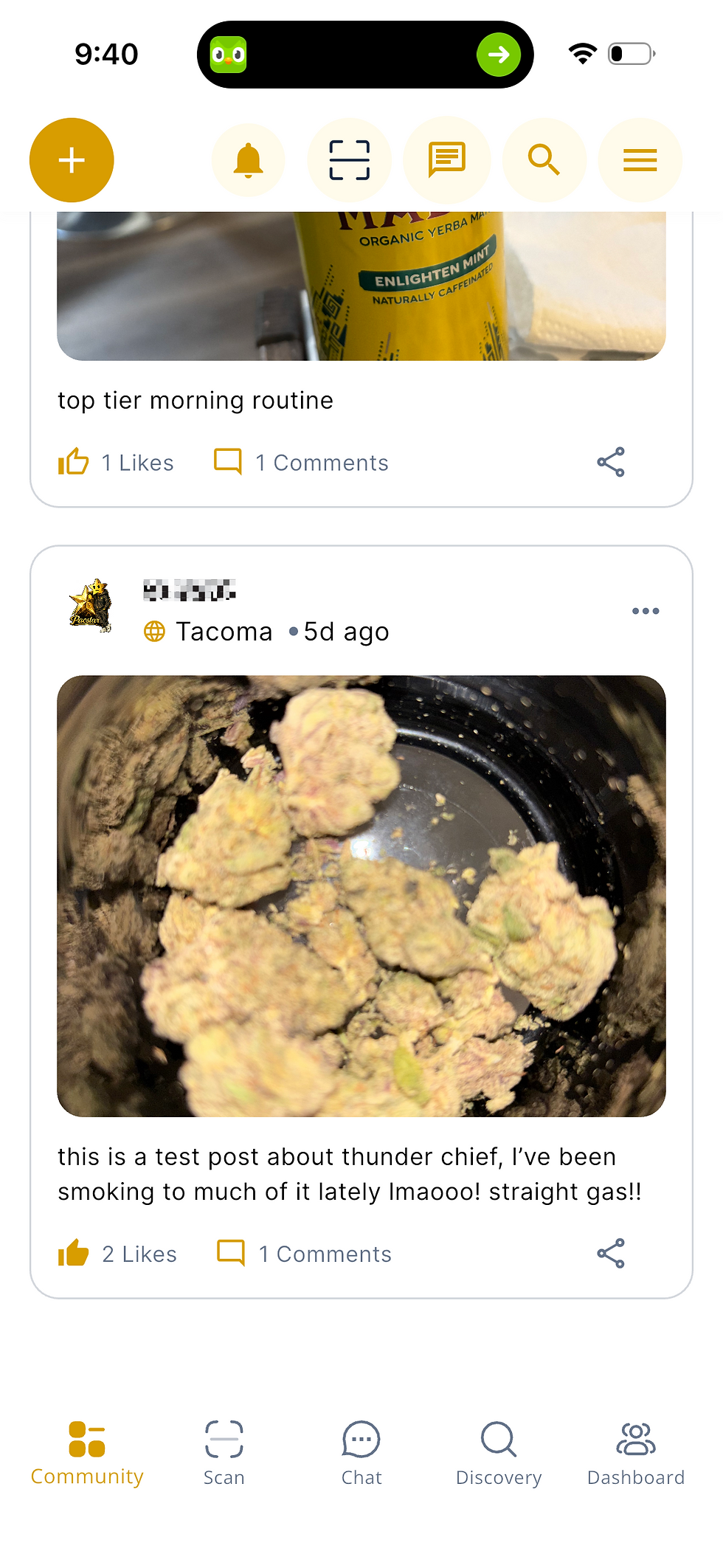 Eye-level view of a smartphone showing a community feed with cannabis product reviews