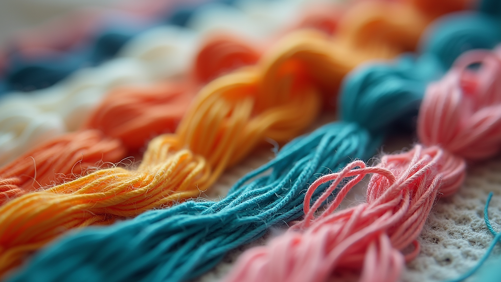 Close-up view of colorful embroidery threads and needles on fabric