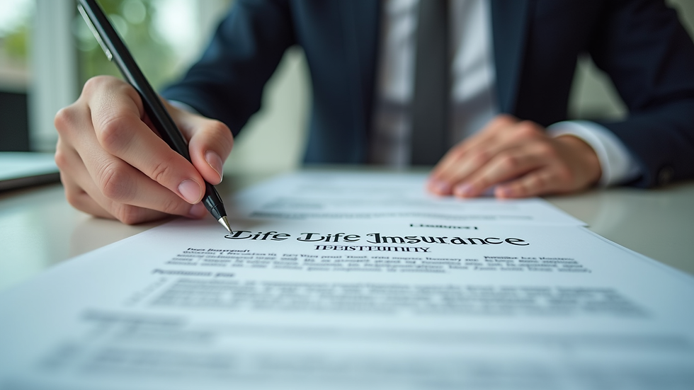 Close-up view of a person reviewing life insurance documents at a desk