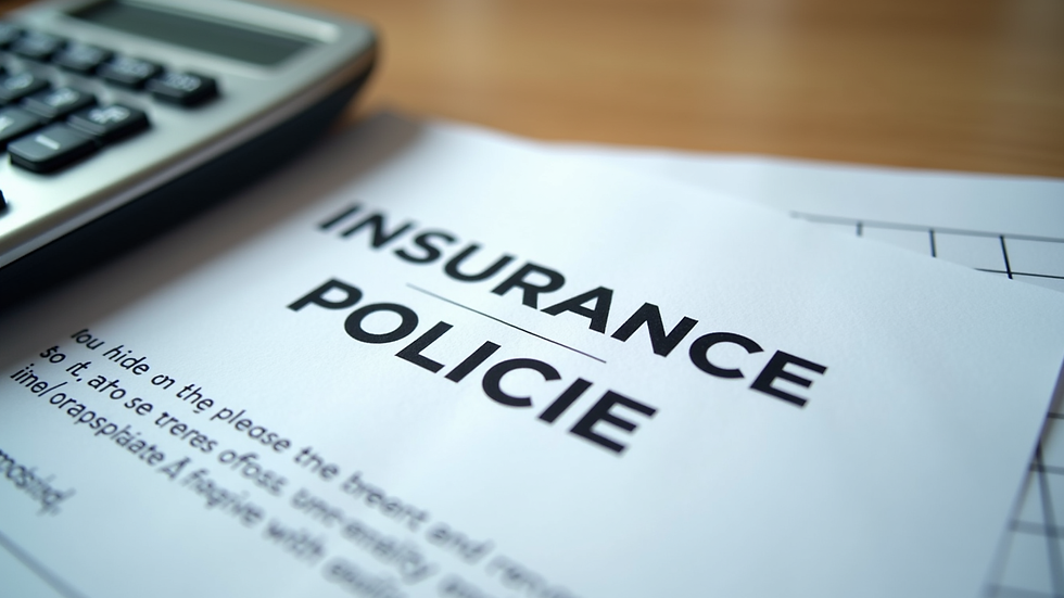 Close-up view of insurance policy documents and a calculator on a desk