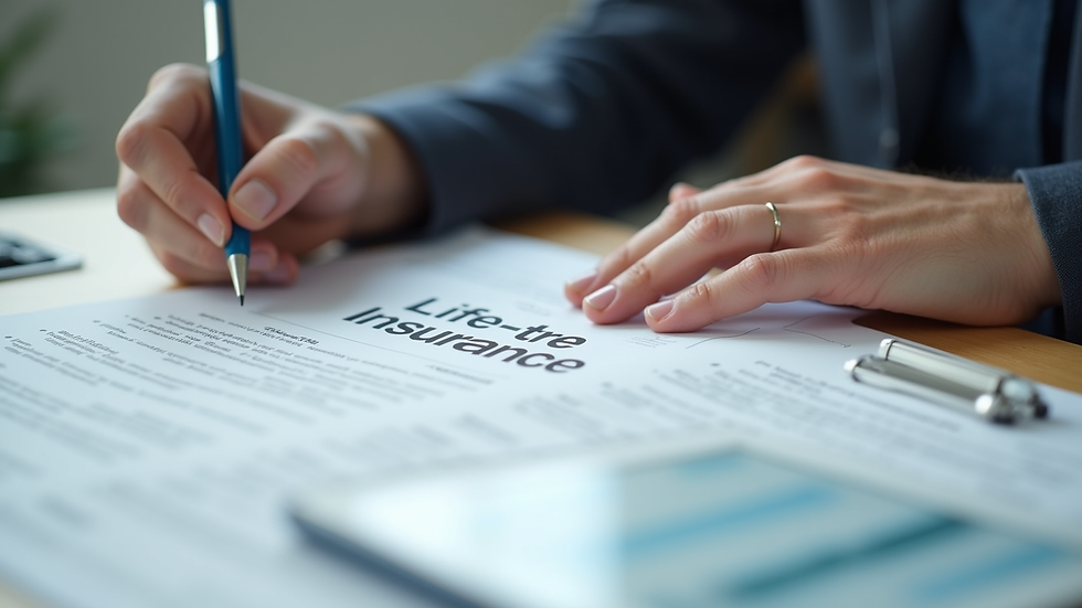 Close-up view of a person reviewing life insurance documents at a desk