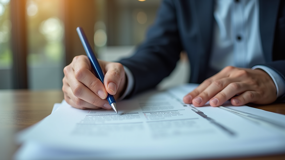 Eye-level view of a business owner reviewing insurance documents