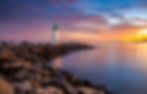 Lighthouse sea rock sunset landscape. Su