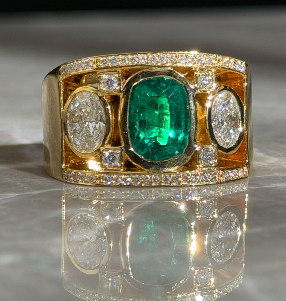 Mens Green Emerald & Diamond Ring