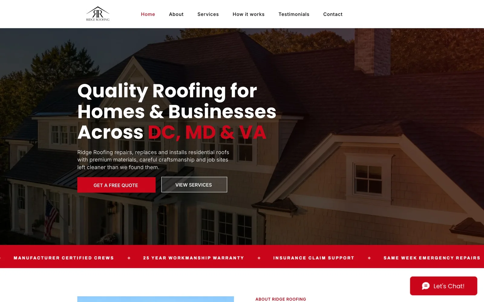 Ridge Roofing case study: a Wix landing page for a DC, Maryland and Virginia roofer