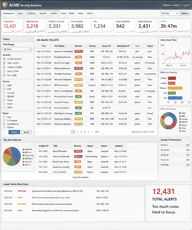 Legacy fragmented security tooling before Acme Analytics unified the SOC workflow