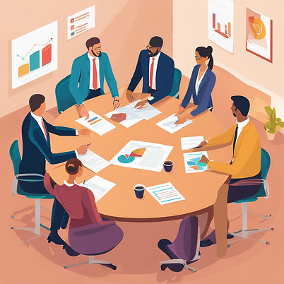 Create an image showing a business meeting between marketing professionals and clients dis