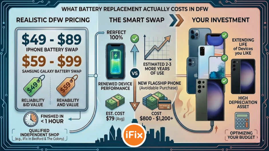 Infographic titled “What Battery Replacement Actually Costs in DFW” comparing the cost of replacing a smartphone battery versus buying a new phone. The left section shows battery replacement prices ranging from $49–$89 for iPhones and $59–$99 for Samsung Galaxy devices, with service completed in under one hour at a qualified repair shop. The center section highlights the benefits of a battery replacement, including renewed device performance and an estimated 2–3 more years of use for an average cost of $79. The right section contrasts this with purchasing a new flagship phone costing $800–$1,200+, emphasizing budget savings, extended device lifespan, and reduced depreciation. Several iPhone and Samsung smartphones are pictured alongside charts, money icons, and repair-themed graphics.