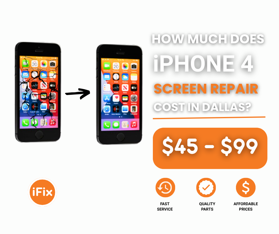 Before-and-after image of an iPhone 4 with a cracked screen transitioning to a fully repaired display, alongside pricing showing typical repair costs between $45 and $99 in Dallas.