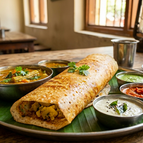 Crispy masala dosa served with chutney and sambar at The Cozy Kitchen Kangra Himachal Pradesh
