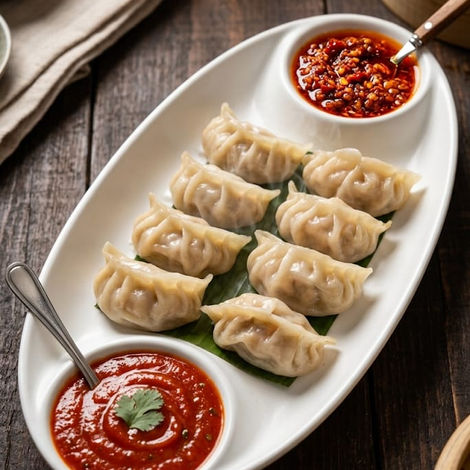 Steamed veg momos with red chutney served at The Cozy Kitchen Kangra restaurant