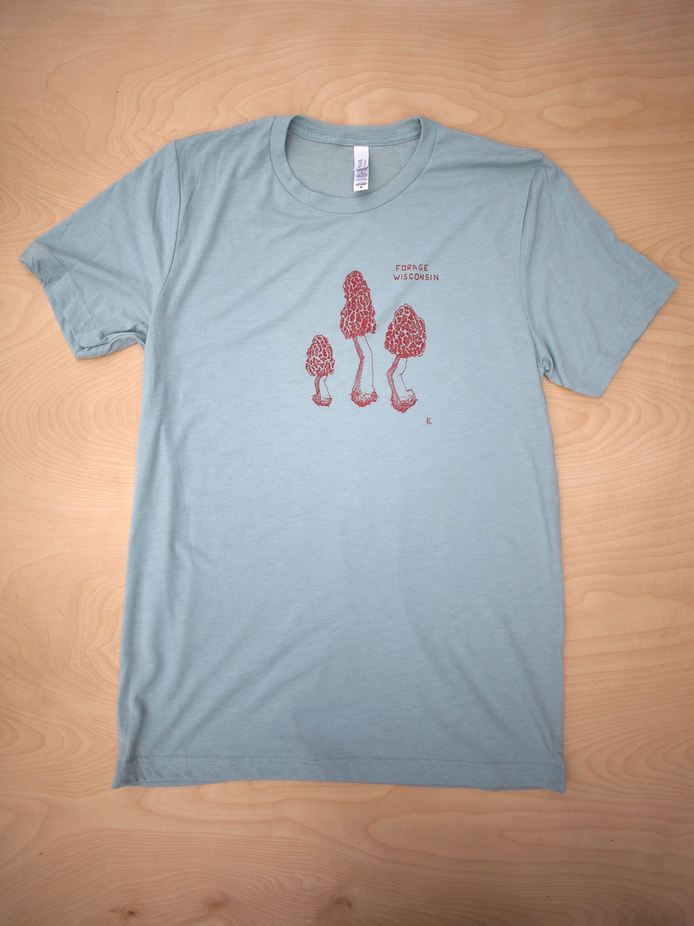 Thumbnail: Three morels printed in red on a light green grey shirt - Front View