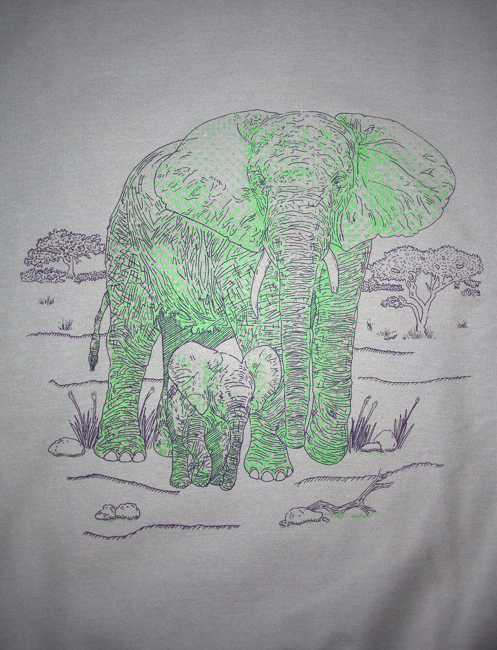 Thumbnail: Elephant with calf printed in green and black on a grey sweatshirt - Front Detail