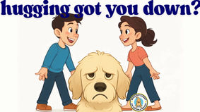 Two people hugging and their dog is frowning