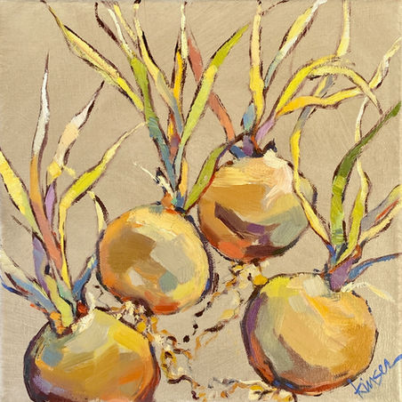 Four onions with delicate tops - painted in pastel shades