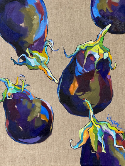 Five colorful eggplants.