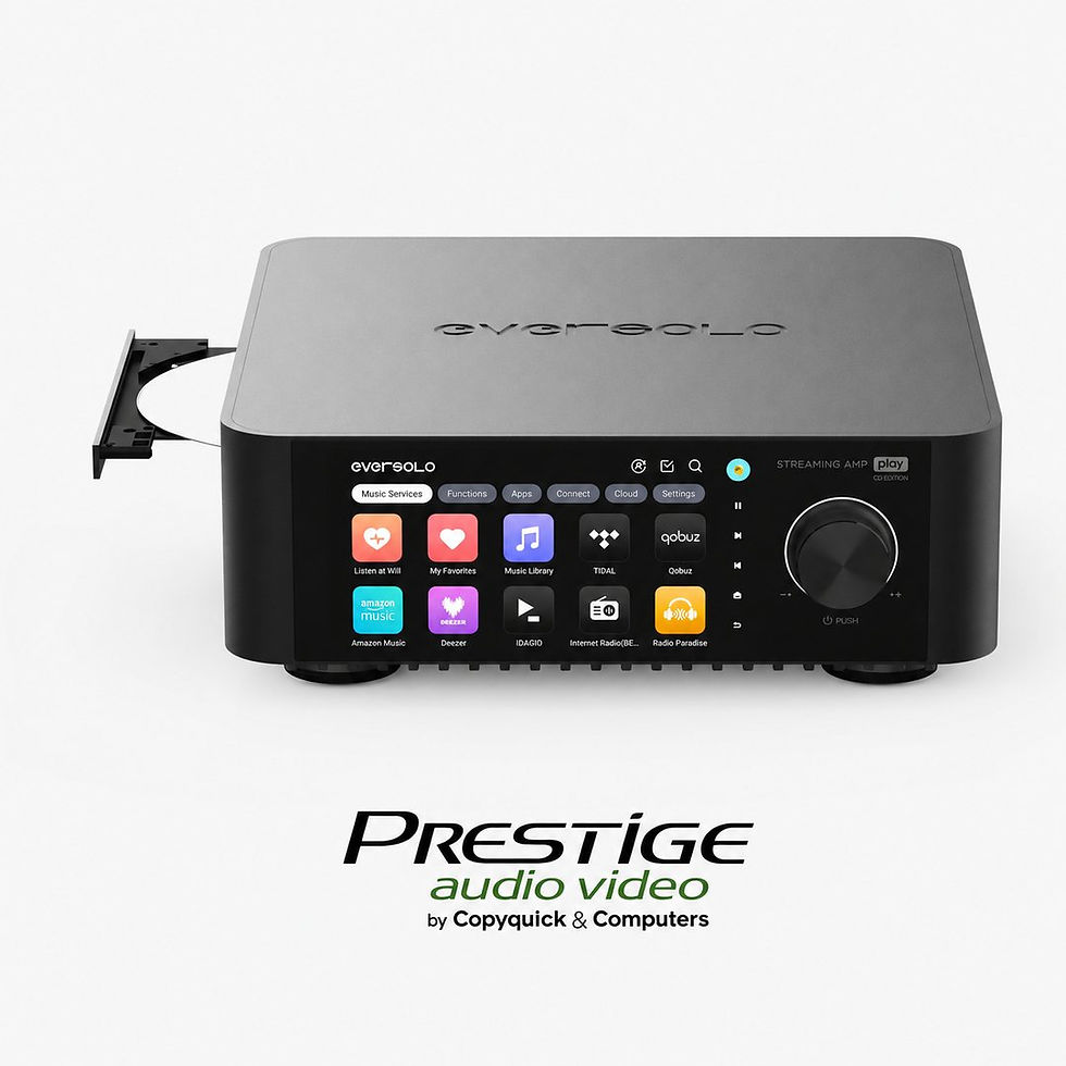 Miniature : Eversolo Play CD Edition streaming amplifier with integrated touchscreen and open CD tray, presented by Prestige Audio Video.