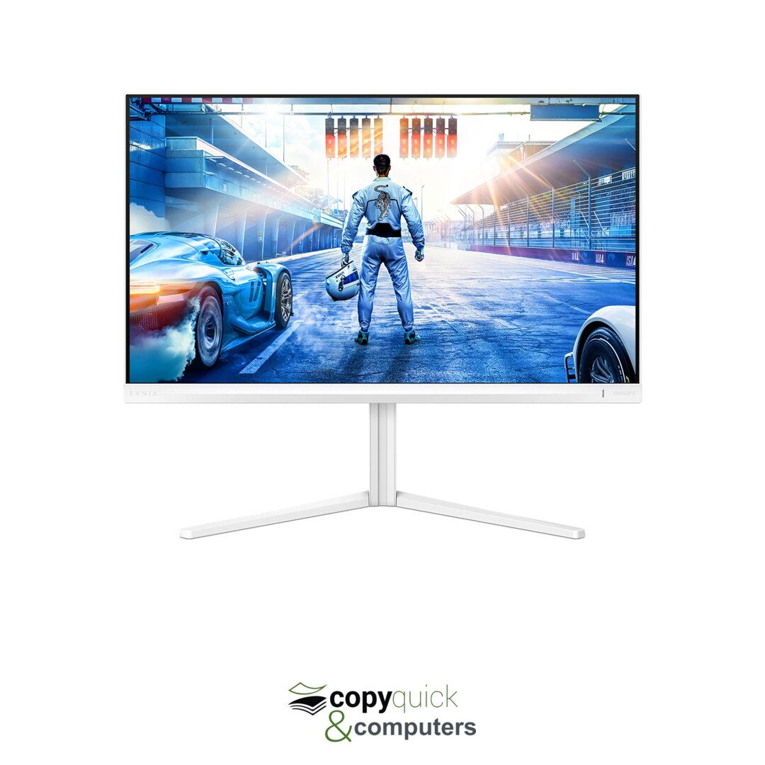 Philips Evnia 27M2N5501UK/75 QHD gaming monitor, front view with white ergonomic stand, available from Copyquick Mauritius.
