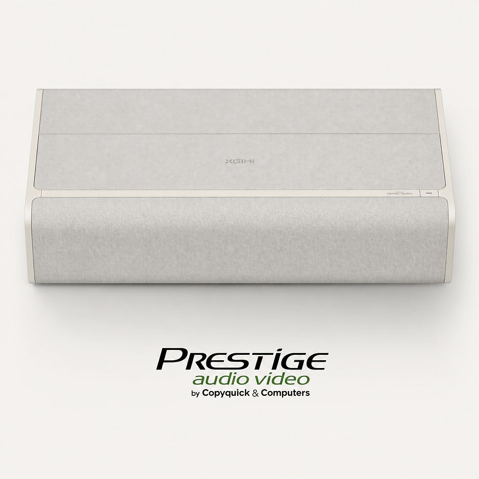 Front and top view of the XGIMI ultra-short-throw projector with integrated Harman Kardon speakers.