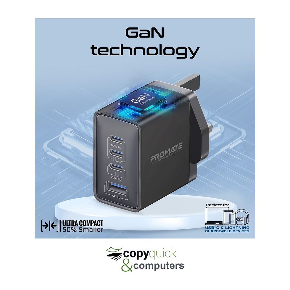 Promate GaNPort4-67PD GaN technology and compact design infographic – Copyquick Mauritius.