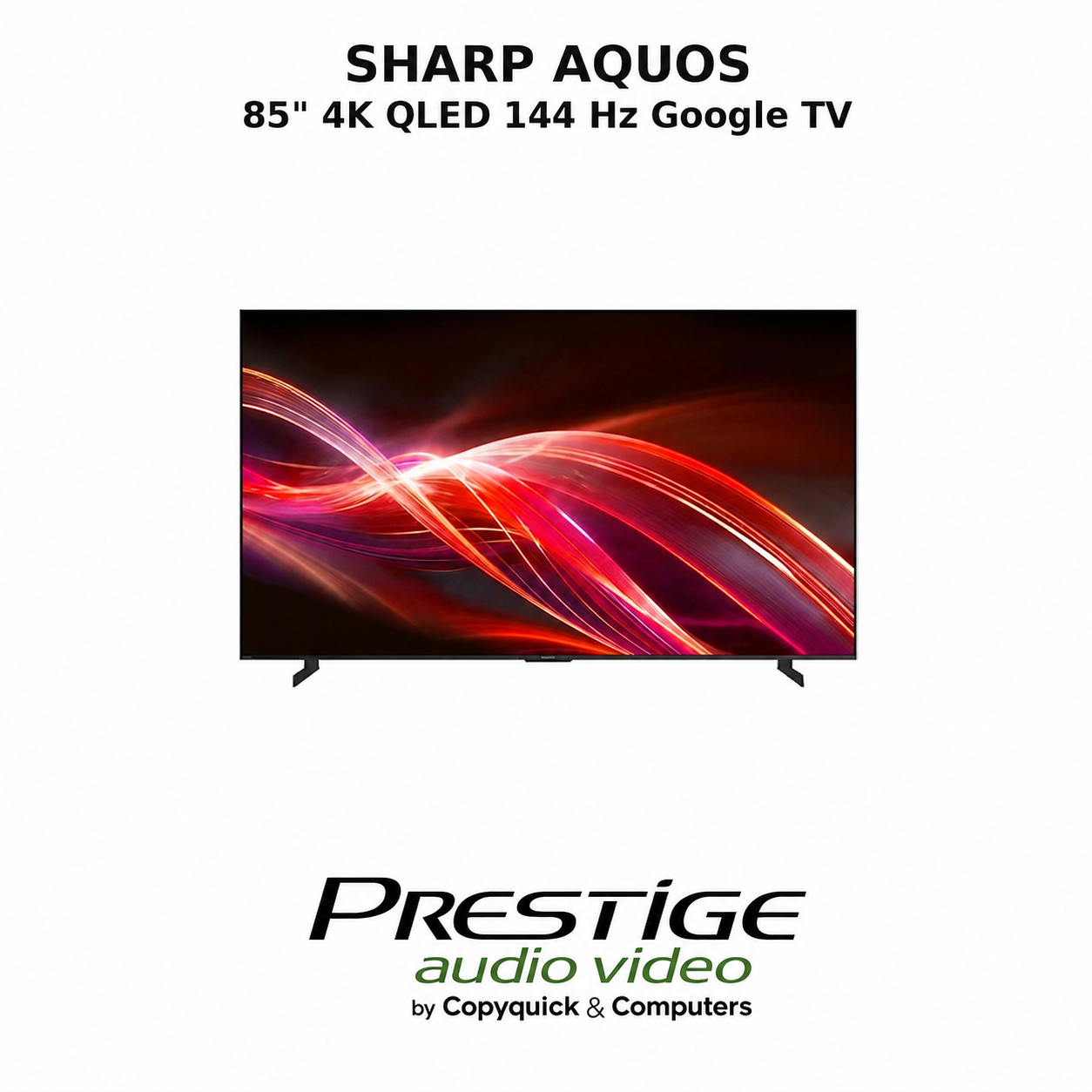 Sharp AQUOS 85-inch 4K QLED 144 Hz Google TV shown from the front with red light-wave display.