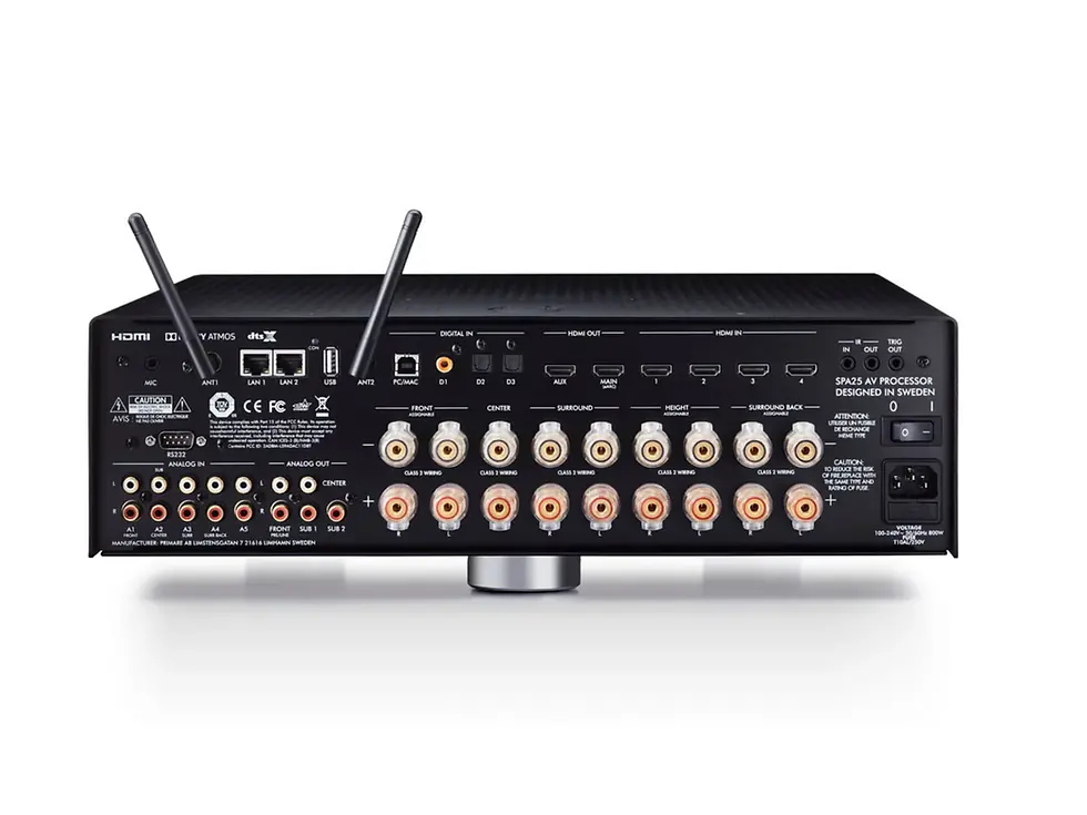 Thumbnail: Primare SPA25 Prisma rear panel connections HDMI inputs outputs Dolby Atmos AV amplifier connectivity