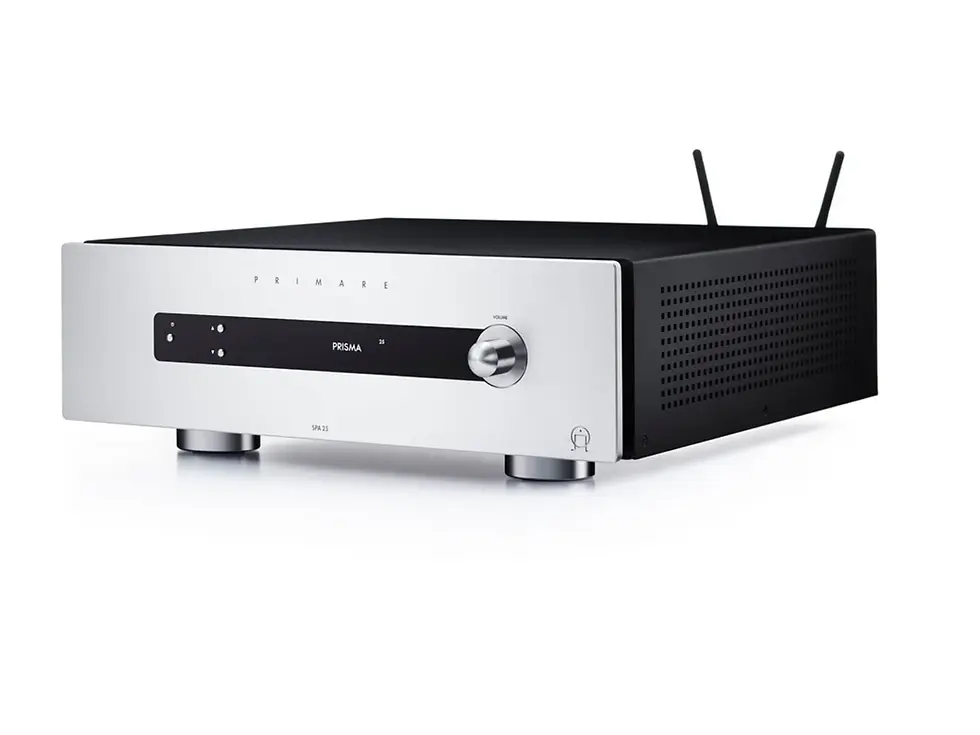 Thumbnail: Primare SPA25 Prisma silver finish angle view Dolby Atmos integrated amplifier premium AV receiver