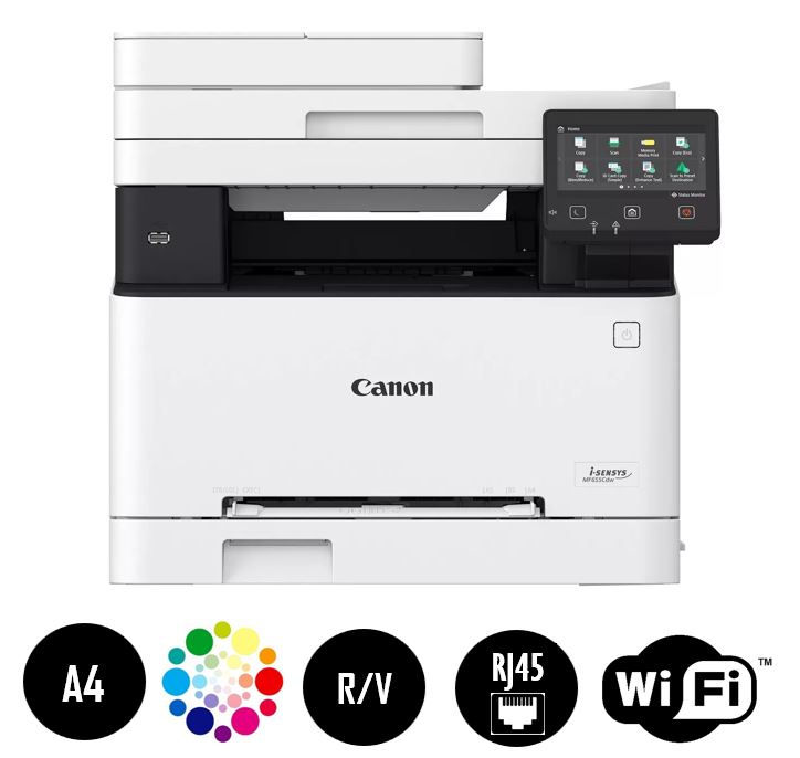 Miniature : Canon i-SENSYS MF655Cdw printer front view with icons highlighting A4 format, colour printing, duplex, Ethernet and Wi-Fi con