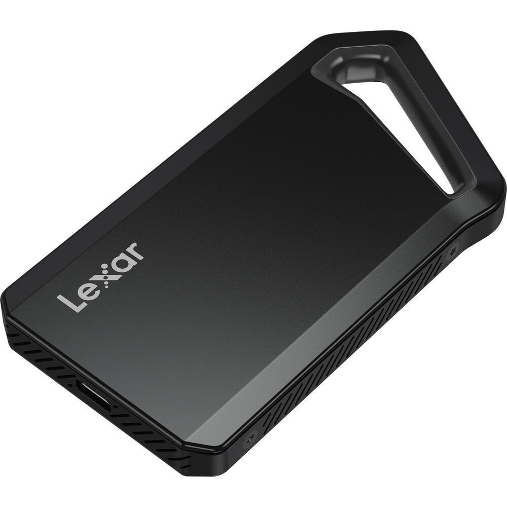 Lexar Professional SL600 external SSD side view showing integrated lanyard loop and premium black finish