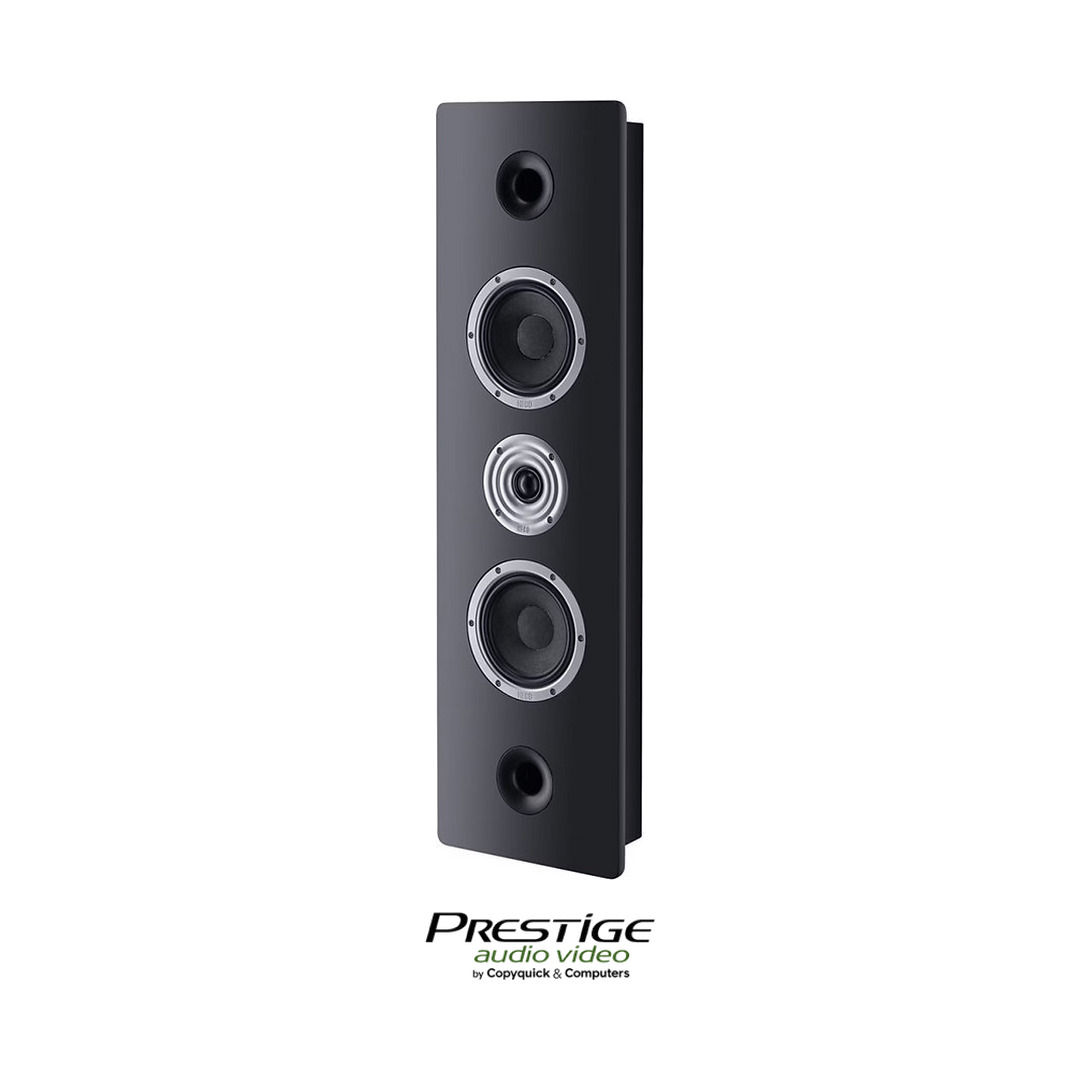 HECO Ambient Line 44F black on-wall speaker, angled front view with exposed drivers – Prestige Audio Video Mauritius.