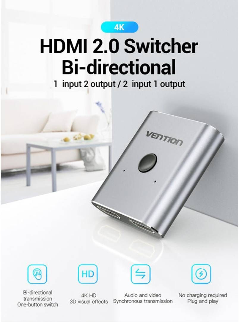 Vention 2-Port HDMI 4K60Hz Bi-Direction Switcher/Splitter