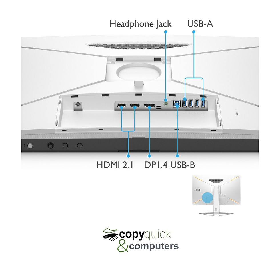 Miniature : BenQ EX3210U rear connectivity diagram showing HDMI 2.1, DisplayPort and USB ports – Copyquick Mauritius.