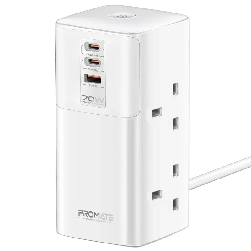 Promate PowerTower-70W tower charging station with USB-C PD ports and UK AC sock