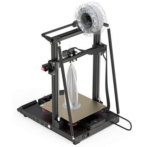 Thumbnail: CR-10 Smart Pro rear three-quarter view showing dual Z-axis supports, top filament spool, and gold build plate.