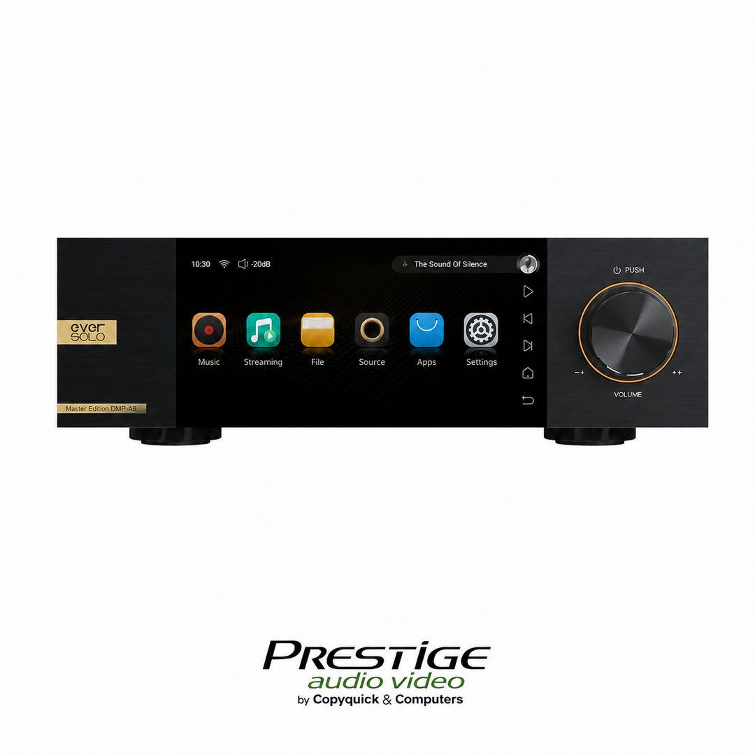 Front view of the Eversolo DMP-A6 Master Edition with colour touchscreen, music applications and illuminated volume control,