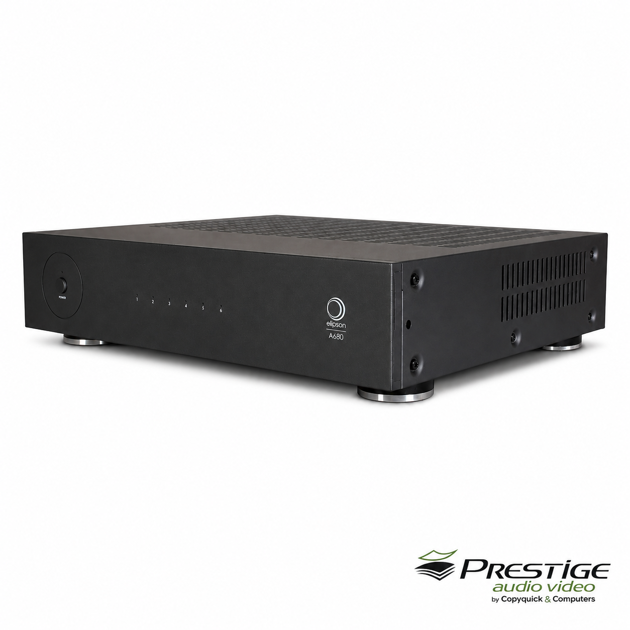 Elipson A680 amplifier in three-quarter front view.