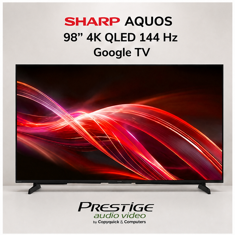 Sharp AQUOS 98-inch 4K QLED 144 Hz Google TV with red light-wave display and Prestige Audio Video logo.
