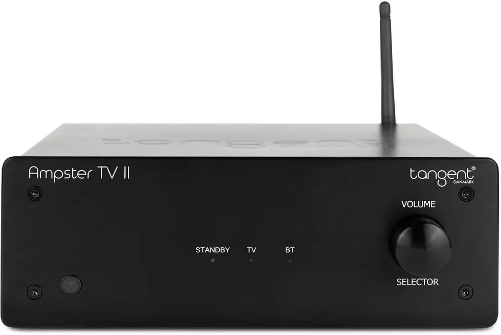Thumbnail: Tangent Ampster TV II compact stereo hi-fi amplifier front view with HDMI ARC, Bluetooth aptX HD and volume control.